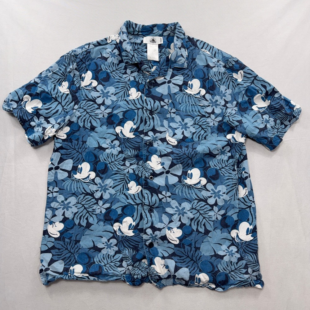 Disney Shirt Mickey Mouse Tropical Floral Hawaiian Button Down Blue Mens Large